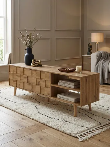 Modernes Lowboard aus Eiche-Nachbildung 160 cm - Stylische TV-Kommode mit zwei Türen und Push-to-Open-Funktion, ideal für bis zu 70 Zoll Fernseher. Bietet viel Stauraum für Konsolen und DVDs, perfekt für Ihr Wohnzimmer.