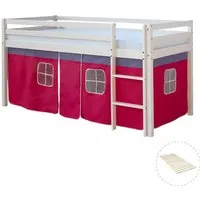 Homestyle4u Hochbett 90x200 mit Vorhang in Weiß - Hochbett für Kinderzimmer, inkl. abnehmbaren pinken Vorhang und Lattenrost. Bietet Platz für Spielzeug und Sitzgruppen unter dem Bett, mit Sicherheitsumrandung für einen sicheren Schlaf.