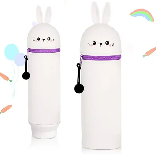 FOYIOLRU Kawaii Schulmäppchen, 2-in-1 Mäppchen aus Weichem Silikon, Tischstifthalter, Stand Up Federmäppchen, Tier Stifthalter mit Reißverschluss