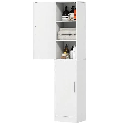 HOMCOM Badkommode Hochschrank mit 2 Türen - Schlanker Badschrank mit verstellbaren Regalen für optimale Raumausnutzung, ideal für kleine Badezimmer und vielseitig einsetzbar.