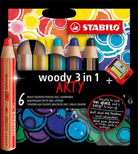 STABILO® ARTY WOODY 3IN1 BUNTSTIFT 6ER ETUI MIT SPITZER NEU OVP