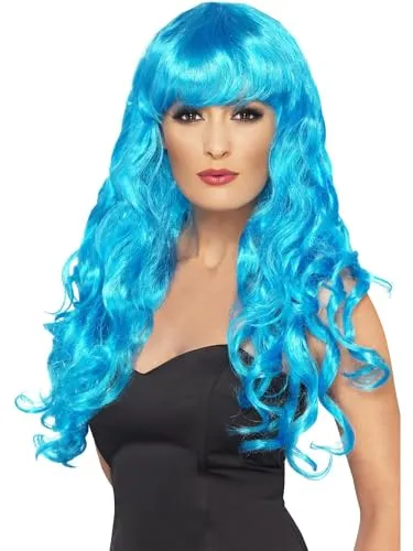 Smiffys Sirene Perücke, Blau, Lang, Lockig mit Fring Halloween