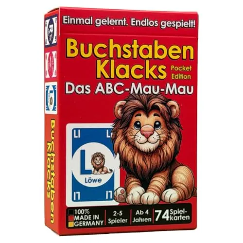 Buchstaben Klacks Pocket – Das Deutsche ABC-Mau-Mau für Kinder | Lernspiel & Geschenk für Junge und Mädchen | Kartenspiel ab 4, 5, 6, 7, 8 Jahre | Einschulung | Geburtstag (Löwe)