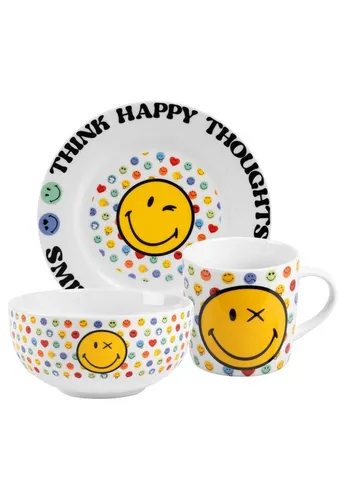 United Labels® Frühstücks-Geschirrset Smileyworld - Think Happy Thoughts - 3-teiliges Porzellan Frühstücksset für 1 Person, mit fröhlichem Smiley-Motiv, ideal für einen positiven Start in den Tag.
