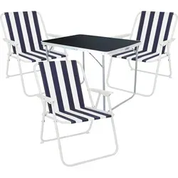 4-teiliges Camping Set mit Campingtisch Schwarz und 3 Klappstühlen Blau-Weiß
