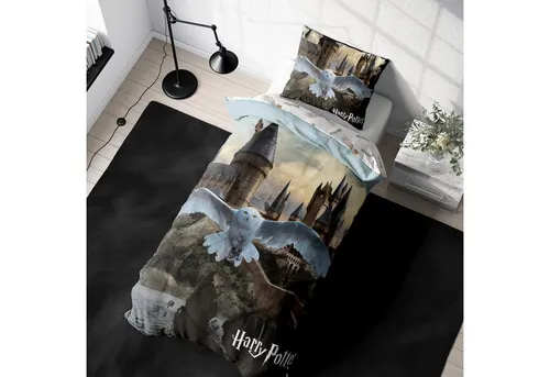 Harry Potter Bettwäsche Set 135x200 für Kinder - Bettwaren-Set für Kinder mit 100% Baumwolle, bezauberndem Hogwarts-Design und Eule Hedwig – ideal für magische Träume!