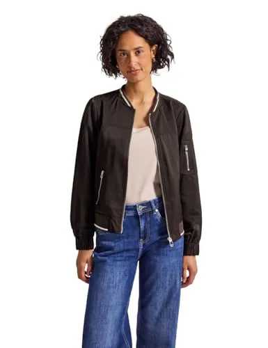 Street One Damen Satin Blouson, deep Roast Brown, Größe 38 - Leichte Funktionsjacke mit College-Details, elastischem Bund und seitlichen Reißverschlusstaschen – ideal für stylische Freizeitlooks.