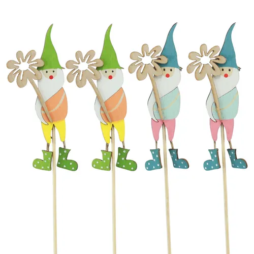 Zwerg Deko Blumenstecker Holz Sommer Gartenstecker 12 Stück - Charmante Holzstecker im Landhausstil, ideal für die sommerliche Gartendekoration. Mit einer Höhe von 10,5 cm bringen sie Farbe und Freude in jeden Garten!