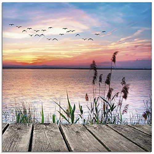 ARTland Wanddeko Glasbilder Wandbild Glas Bild einteilig 40x40 cm Quadratisch Natur Steg Landschaft See Himmel Sonnenaufgang Vögel Wolken T9QD