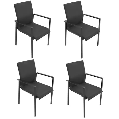 DEGAMO Gartenstuhl Stapelsessel Almada, 4er Set - Essstühle aus wetterfestem Aluminium in Anthrazit, mit schnelltrocknendem, gepolstertem Kunstgewebe in Grau. Ideal für Outdoor-Bereiche, stapelbar für platzsparende Lagerung.