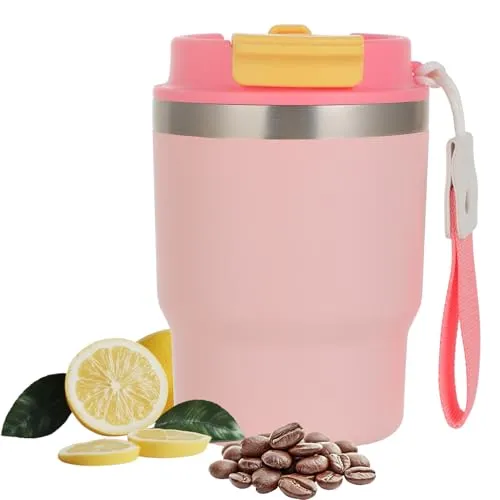 Thermo Kaffeebecher – To-Go Becher mit Strohhalm, Dual-Drink-Deckel, auslaufsicheres und verstärktes Design, ideal für unterwegs für Kaffee und Tee, 350ml (Rosa)