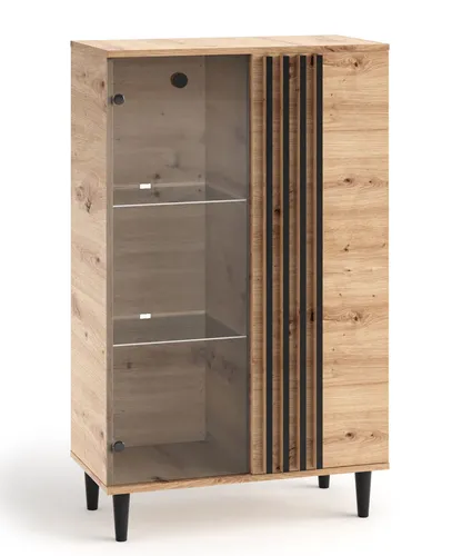 Vitrine Livia 80x40x134,5cm in Artisan Eiche schwarz - Moderne Vitrine mit 6 Glas-Regalböden und 2 Drehtüren, ideal für stilvolle Präsentation im Wohnzimmer. Freistehendes Design mit robustem Finish, perfekt für Ihre Einrichtung.