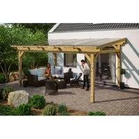 Skan Holz Terrassenüberdachung Sanremo – Freistehende Leimholz-Lösung - Terrassenüberdachung aus hochwertigem Leimholz, freistehend und ohne Wandmontage, inklusive stabilen Polycarbonat-Dachplatten für optimalen UV-Schutz.