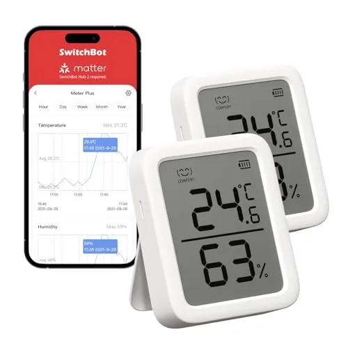 SwitchBot Thermometer Hygrometer Innen, Bluetooth Hygrometer Digital Temperatur Feuchtigkeit Sensor mit APP & Datenspeicherung, Taupunkt/VPD/Absolute Feuchtigkeitssensor 2 Packung