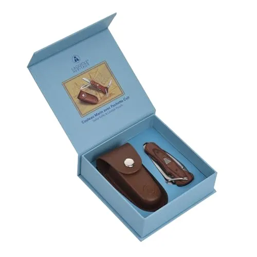 Laguiole Heritage Segel-Klappmesser mit Lederetui – Elegantes Taschenmesser aus Edelstahl mit Holzgriff – Traditionelles Design, ideal für Outdoor, Segeln & Camping, Braun