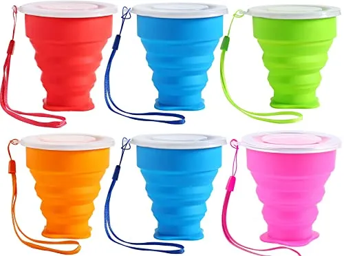 Lostwry 6 Stück Faltbare Silikon-Becher, Faltbarer Reisebecher mit Deckel Wiederverwendbares tragbares Becherset für Picknick, Camping, Outdoor-Wanderreisen