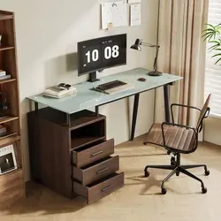MODFU Schreibtisch mit Glasplatte und Stauraum - Braun - Moderner Schreibtisch mit robustem MDF und elegantem Milchglas. Drei Schubladen und ein offenes Fach bieten effizienten Stauraum für Bürobedarf und schaffen eine stilvolle Arbeitsumgebung.
