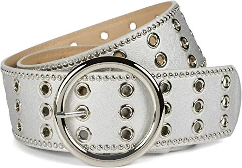 styleBREAKER Damen Nietengürtel mit runder Schließe, 95cm - Eleganter Damen-Gürtel mit breitem Design, verziert mit Lochnieten und individuell kürzbar für perfekten Sitz an Taille oder Hüfte.