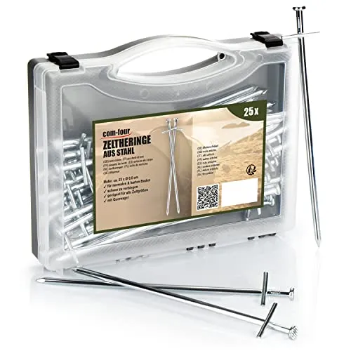 com-four® 25x Zelt-Heringe aus Stahl - Lange und robuste Erdnägel für Camping und Outdoor - ideal für normalen und harten Boden 230x6mm - Kreuz Profil