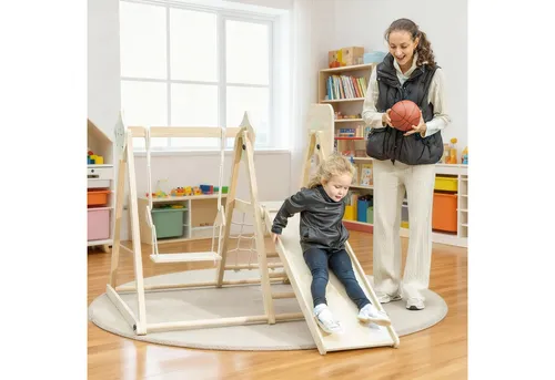 AIYAPLAY Klettergerüst Kletterdreieck mit Rutsche, Schaukel, Kletternetz und -brett, (Montessori Indoor Holz, 1-St., Klappbar Spielplatz), für Kinder 3-6 Jahre, Naturholz