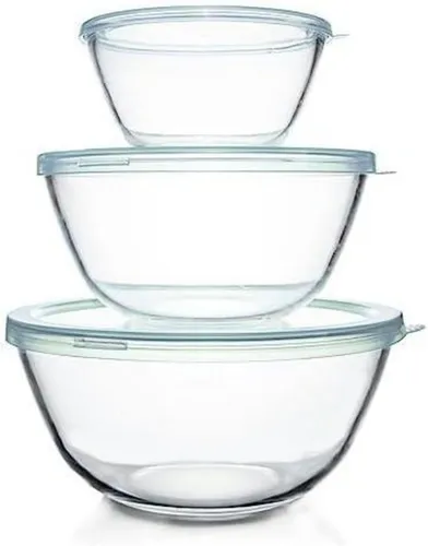 3er-Set Glas Rührschüsseln mit Deckel