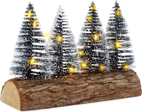 LED Tannenbäume mit Baumstammfuß - Warm Weiß - 20 x 15 cm - Verschneite Tannenbäume mit warmweißer LED-Beleuchtung, ideal für stimmungsvolle Tisch- oder Fensterdekoration. Batteriebetrieben und liebevoll aus Holz gefertigt, bringen sie weihnachtlichen Charme in Ihr Zuhause.