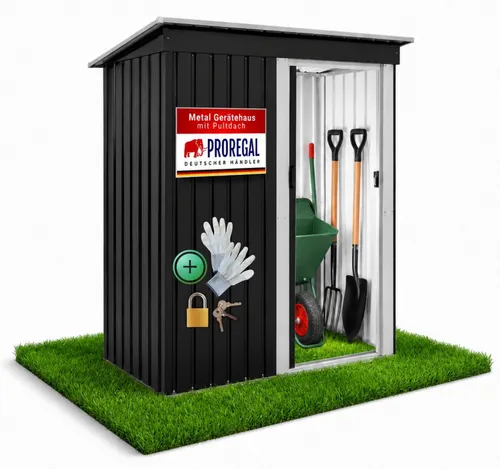 Gartenhaus Gerätehaus EDEN Klein mit Pultdach | 2 m³ Stauraum | Metall wetterfest | Anthrazit - Kompaktes Gerätehaus EDEN von PROREGAL – ideal für die platzsparende Aufbewahrung von Gartenutensilien. Wetterbeständige Stahlkonstruktion und abschließbare Schiebetür für mehr Sicherheit und Komfort.