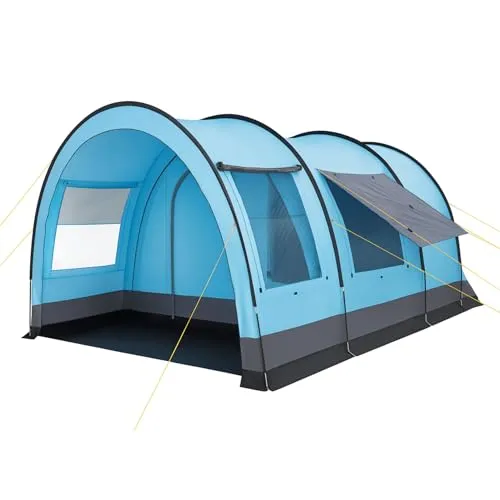 CampFeuer Zelt Relax4 für 4 Personen - Hellblau/Grau - Geräumiges Tunnelzelt für 4 Personen mit 5000 mm Wassersäule, ideal für Familien- und Gruppenausflüge. Atmungsaktive Schlafkabine und großer Vorraum für bequemes Camping.