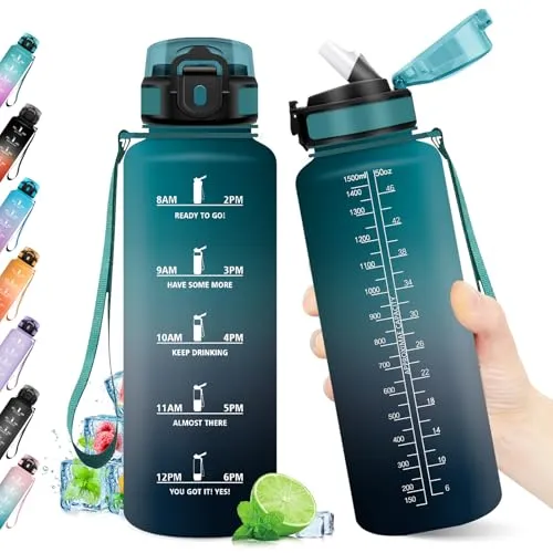 Sportflasche 1.5L, Trinkflasche Kohlensäure Geeignet, Auslaufsicher, BPA-frei, Trinkflasche mit Zeitmarkierung & Strohhalm, Motivierende Wasserflasche für Fitness, Schule, Fahrrad, Yoga, Camping,
