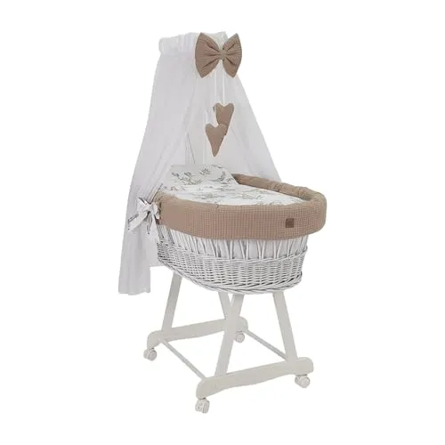 Wiklinopol Stubenwagen mit Matratze und Baldachin - Bettwäsche-Set für Stubenwagen & Wiegen, ideal für Neugeborene mit schwenkbaren Rollen für einfache Mobilität und einem kompletten 5-teiligem Set für maximalen Komfort.