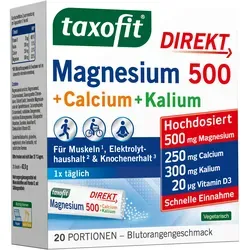 Taxofit Magnesium 500 + Calcium + Kalium Direkt 20 ST - Nahrungsergänzungsmittel für starke Knochen und Muskeln, mit 500 mg Magnesium, Calcium und Kalium, einfach direkt einnehmbar ohne Flüssigkeit.