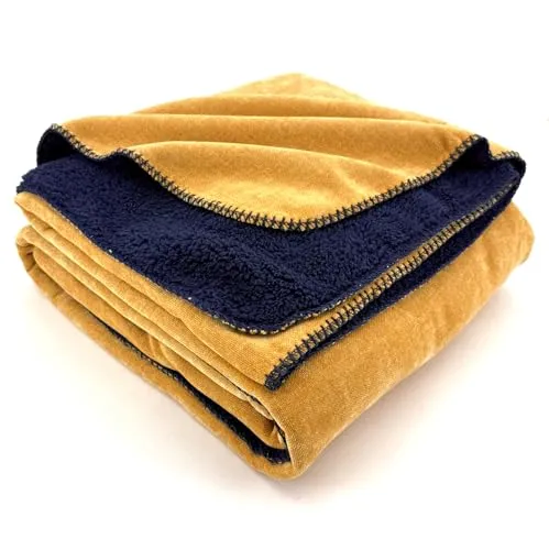 heimtexland super Dicke Kuscheldecke mit flauschigem Sherpa Fell Wohndecke 200x150 Decke elegant Kuschelweich Sofadecke Geschenkidee Weihnachten Typ909 Senf-gelb I Mitternachts-blau