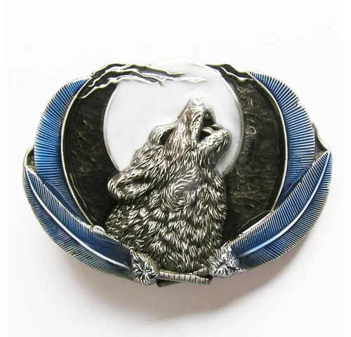Westernlifestyle Gürtelschnalle Buckle Wolf bei Vollmond, blau