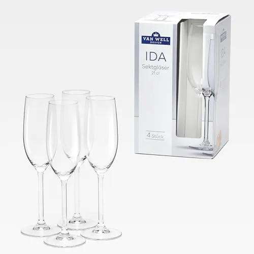 Van Well IDA Sektgläser 21 cl – 4er Set elegante Gläser für Sekt, Prosecco, Champagner – Klare Trinkgläser aus Glas für Alltag & besondere Anlässe, spülmaschinengeeignet