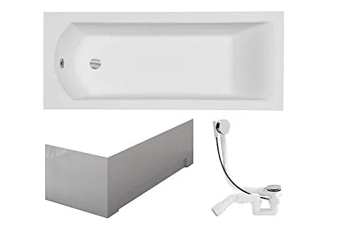 VBChome Badewanne 160x70 cm Acryl SET Schürze Siphon Wanne Rechteck Weiß Design Modern Ablaufgarnitur in Chrom
