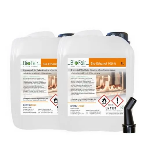 Liter (2 x 5L) Bioethanol 100% in geprüfter Premium Qualität für Bioethanolkamin, Ethanol Tischkamin, Wandkamin 10