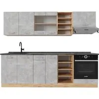 Vicco Küchenzeile R-Line, Beton/Goldkraft Eiche, 240 cm - Küchenzeilen mit ergonomischen, höhenverstellbaren Füßen für optimalen Komfort. Flexibel anpassbar mit verschiedenen Konfigurationen und zusätzlichem Zubehör.