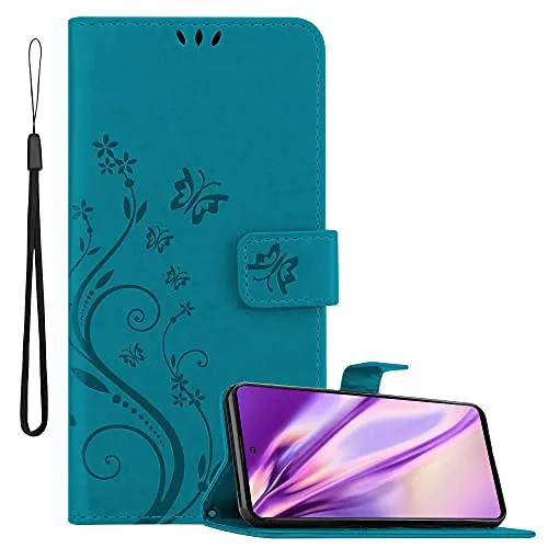 Cadorabo Hülle kompatibel mit Samsung Galaxy A51 5G Blumen Design aus Kunst Leder Flip Klappbare Stoßfeste Magnetische [Standfunktion] [Kartenfächern] Cover Hülle für Galaxy A51 5G Tasche in Blau