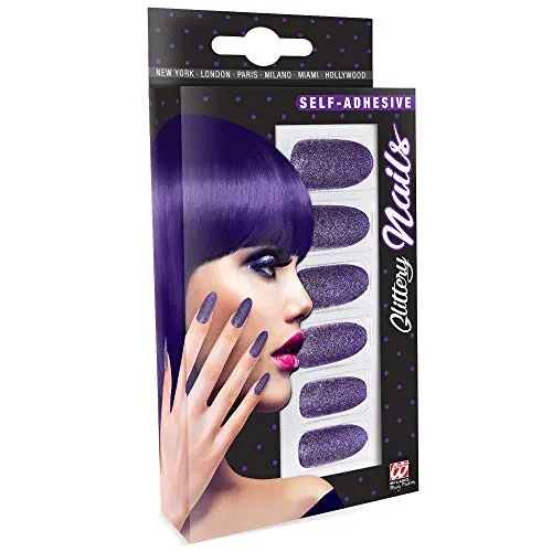 Widmann 05354 - Fingernägel Set, Glitzer Violett, 12 Stück, selbstklebend, Accessoire, Karneval, Mottoparty, Halloween