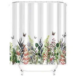 M&W DAS DESIGN Duschvorhang bunt Blumen Schmetterlinge Pflanzen Badezimmer Textil Vorhang Antischimmel waschbar Blätter Shower Curtain Badewanne inkl. 12 C-Ringe Gewicht unten Multicolored Floral