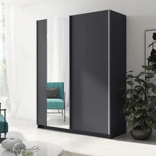 Home Collective Schwebetürenschrank Kleiderschrank Schrank mit Spiegel & Schiebetüren | viel Stauraum mit 4 Einlegeböden & Kleiderstange | modern Schlafzimmer Möbel | Graphit mit Spiegel | 150x198 cm