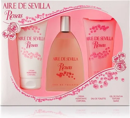 Aire De Sevilla Agua De Rosas Frescas EdT Set 3 Artikel - Parfüm-Geschenkset mit 150ml Eau de Toilette, Duschgel und Körperlotion. Erleben Sie die femininen Noten von frischen Rosen und Früchten für ein elegantes, leichtes Gefühl.