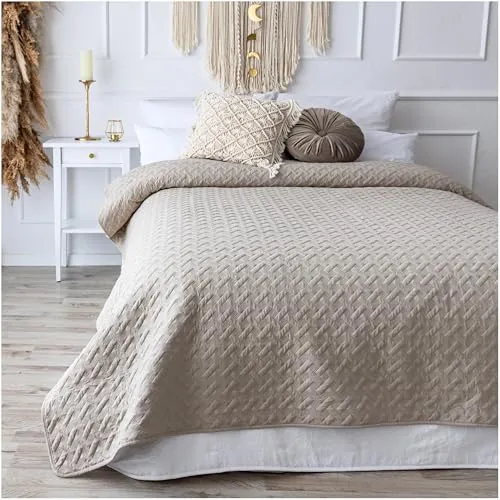 CalmyHOME Tagesdecke 240x260 Leinenbeige Bettüberwurf Bett Überwurf Sofaüberwurf Steppdecke Sofa Decke Überwurfdecke Betthusse XXL Überdecke Gesteppte Tagesdecken gesteppt Quilt Bedspread