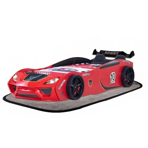 Coemo Vento Sport Autobett Rot - Kinderbett im Rennwagen-Design 90x200 - KINDERBETT MIT LATTENROST - Hochwertiges Rennwagen-Autobett mit LED-Scheinwerfern und robustem Sportpaket-Polster-Set, ideal für kleine Rennfahrer.