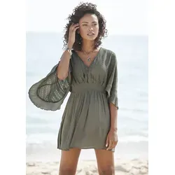 Tunikakleid LASCANA, Damen, Gr. 40, N-Gr, grün (khaki), Web, Obermaterial: 100% Viskose, unifarben, figurumspielend kurz, V-Ausschnitt, Volant, Kleider, mit weiten Ärmeln, aus Spitze, Blusenkleid, Strandmode