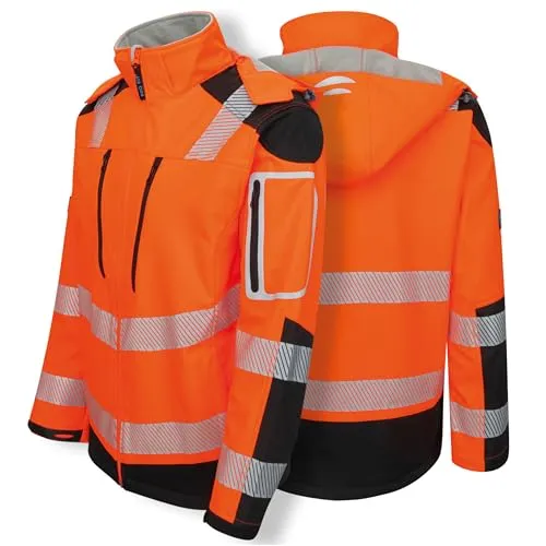 PRO FIT Arbeitsjacke Warnschutz Softshelljacke, Neonorange/Schwarz - Arbeitsjacke mit reflektierenden Streifen, wind- & wasserabweisend, atmungsaktiv und ideal für optimale Sichtbarkeit bei schlechten Lichtverhältnissen.