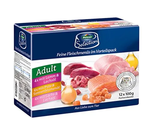Dehner Premium Katzenfutter Multipack, Nassfutter, für ausgewachsene Katzen, je 4 x Lamm / Pute / Lachs, 12 x 100 g Beutel (1.2 kg)