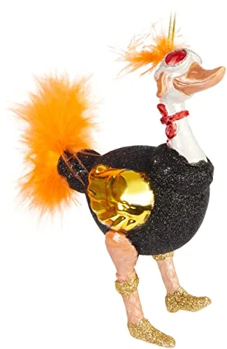BRUBAKER Strauß mit Fliegerbrille Glitzer und Federn Weihnachtskugel aus Glas - Vogel Christbaumschmuck Figur Lustig Weihnachtsdeko Anhänger - Deko Baumkugel Handbemalt Schwarz Orange