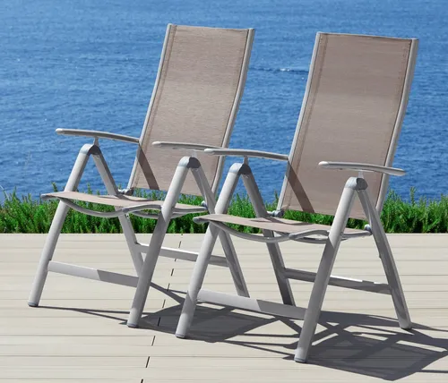 MERXX Gartenstuhl Amalfi Set, 2 verstellbare Alu/Textil Stühle - Gartenstühle aus Aluminium und Textil, 5-fach verstellbare Rückenlehne für individuellen Komfort, klappbar und leicht für einfachen Transport.