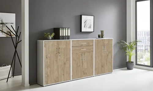 Abschließbare Regalwand Office Edition Set 15 Grau/Gold Harbor Oak - Moderne Aktenschranklösung mit abschließbarem Design, gefertigt in Deutschland. Ideal für Büroorganisation und sicheren Stauraum. Montage erforderlich.